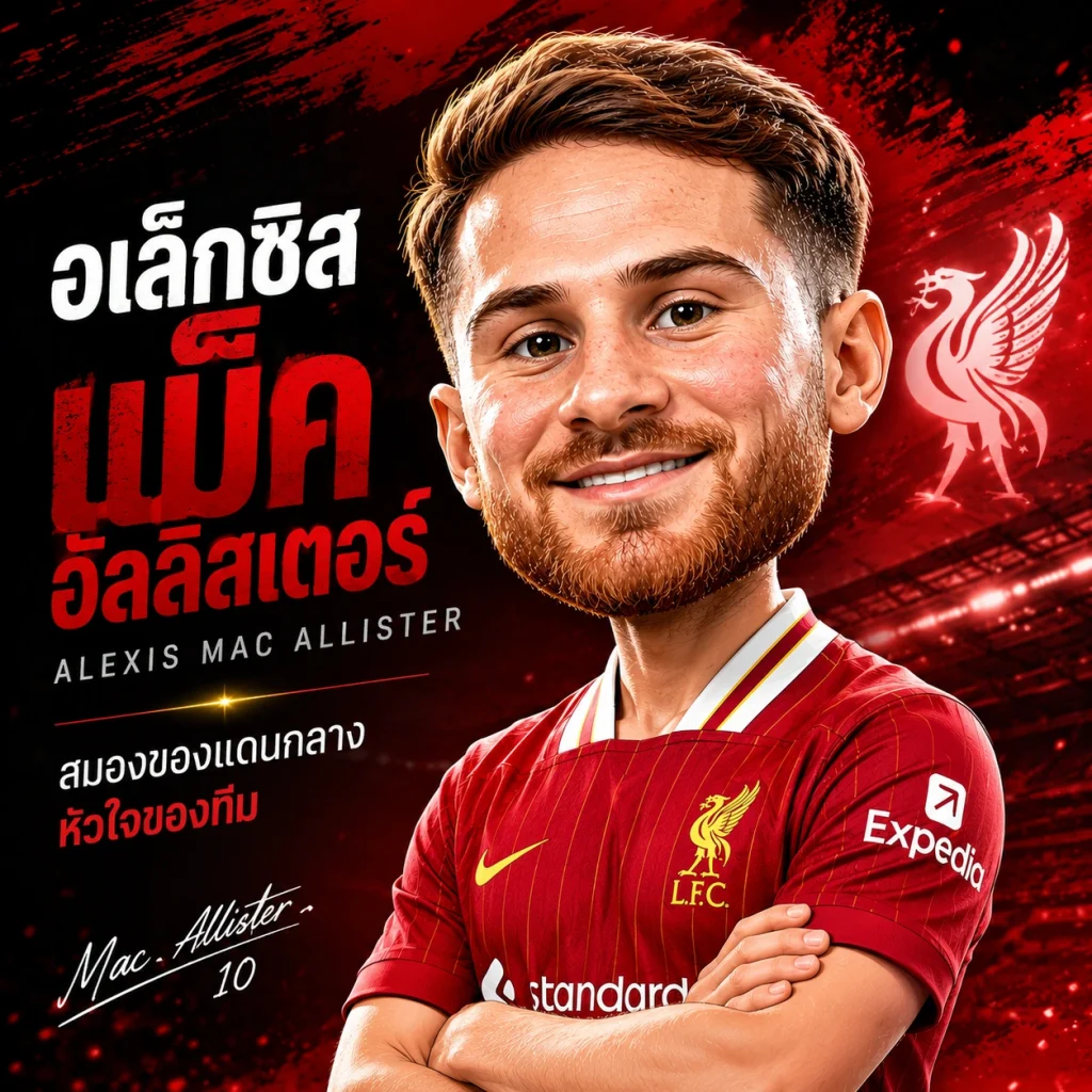 อเล็กซิส แม็ค อัลลิสเตอร์ กองกลางลิเวอร์พูล ภาพหน้าปกสไตล์หัวโต (Big Head) พร้อมชื่อและฉายา เหมาะสำหรับบทความฟุตบอล