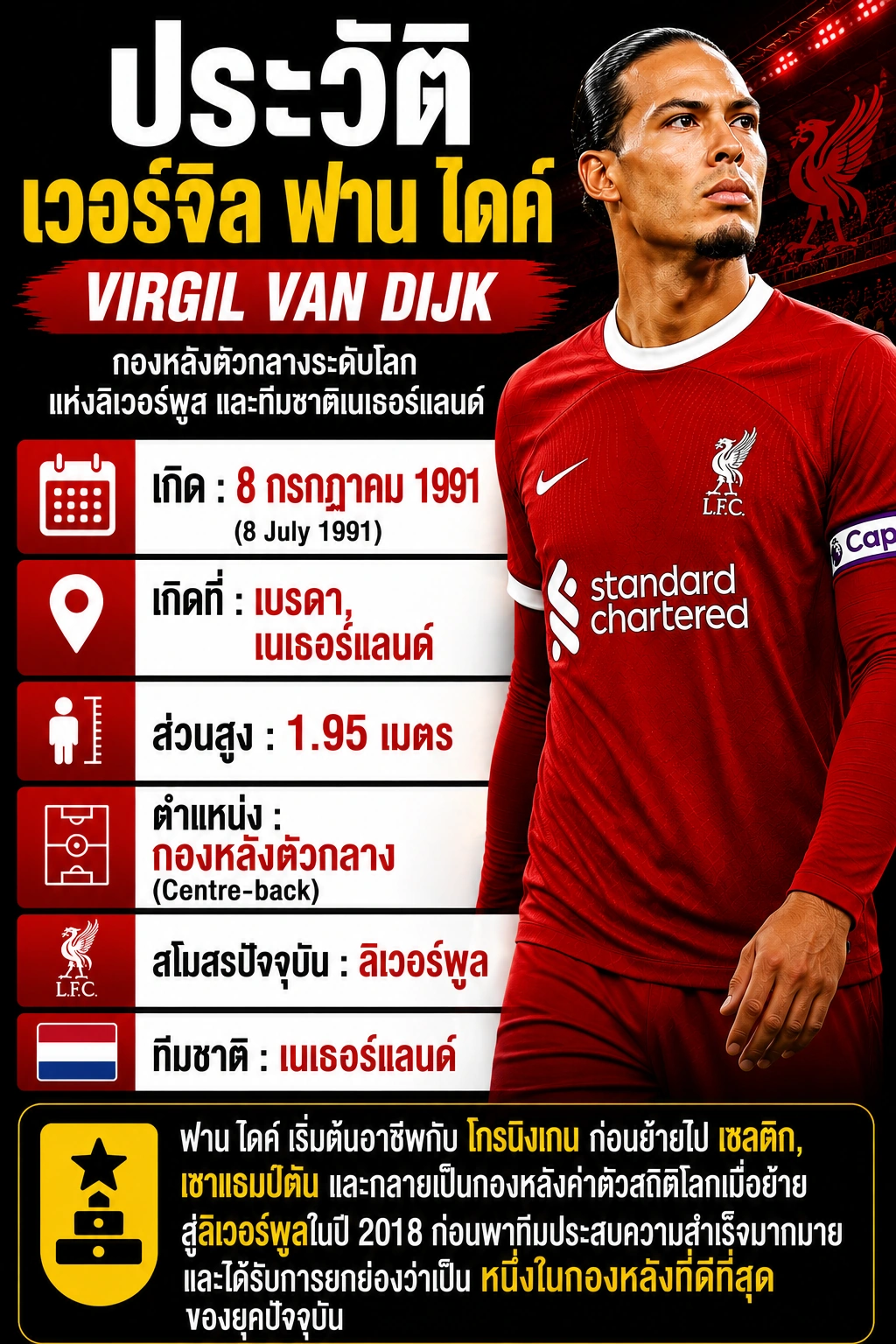 เวอร์จิล ฟาน ไดค์ ประวัติ กองหลังลิเวอร์พูล ทีมชาติเนเธอร์แลนด์ อินโฟกราฟิกแนวตั้ง ตัวหนังสือขนาดใหญ่ อ่านชัดบนมือถือ