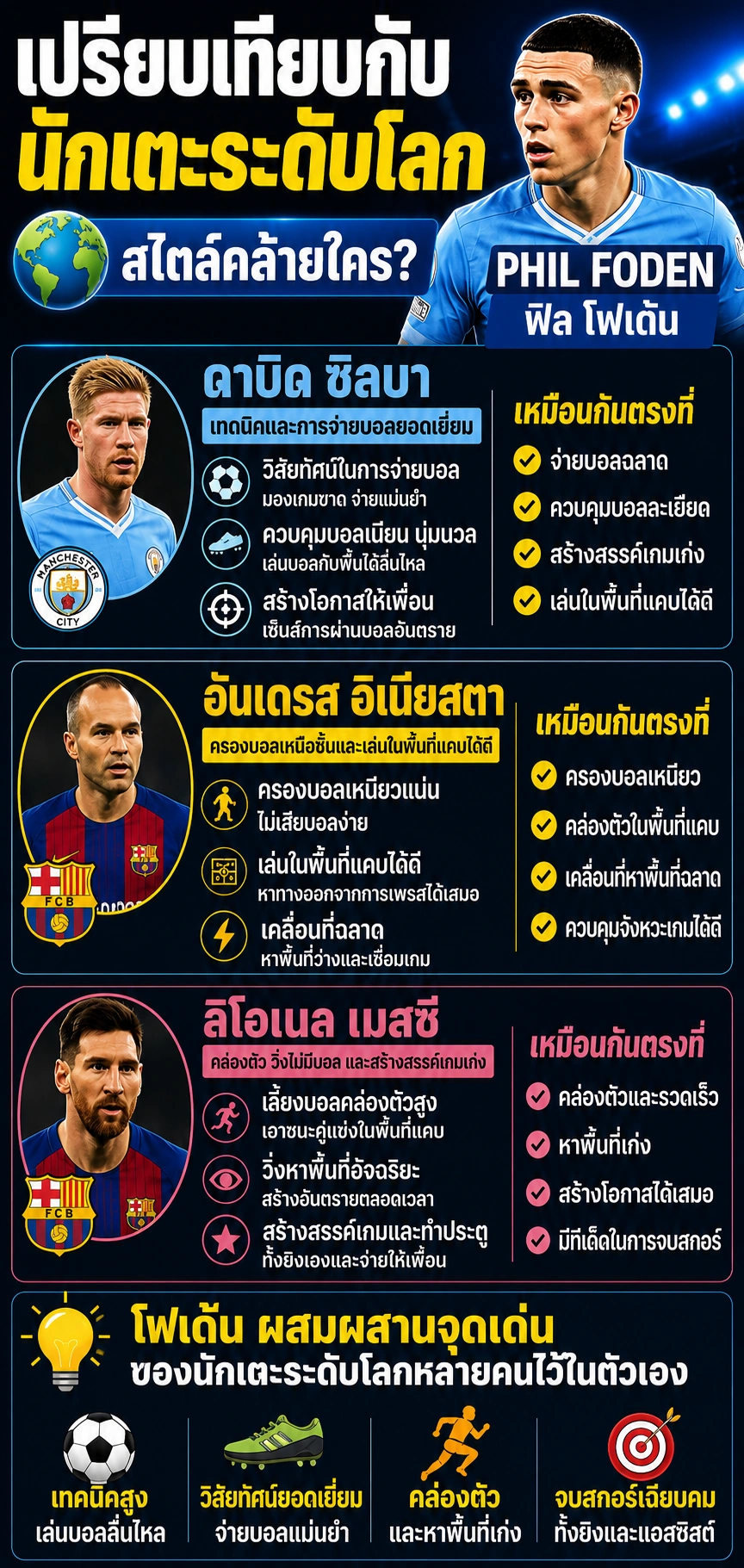 ฟิล โฟเด้น เปรียบเทียบกับนักเตะระดับโลก อินโฟกราฟิก เปรียบเทียบสไตล์การเล่นกับ ดาบิด ซิลบา, อันเดรส อิเนียสตา และ ลิโอเนล เมสซี