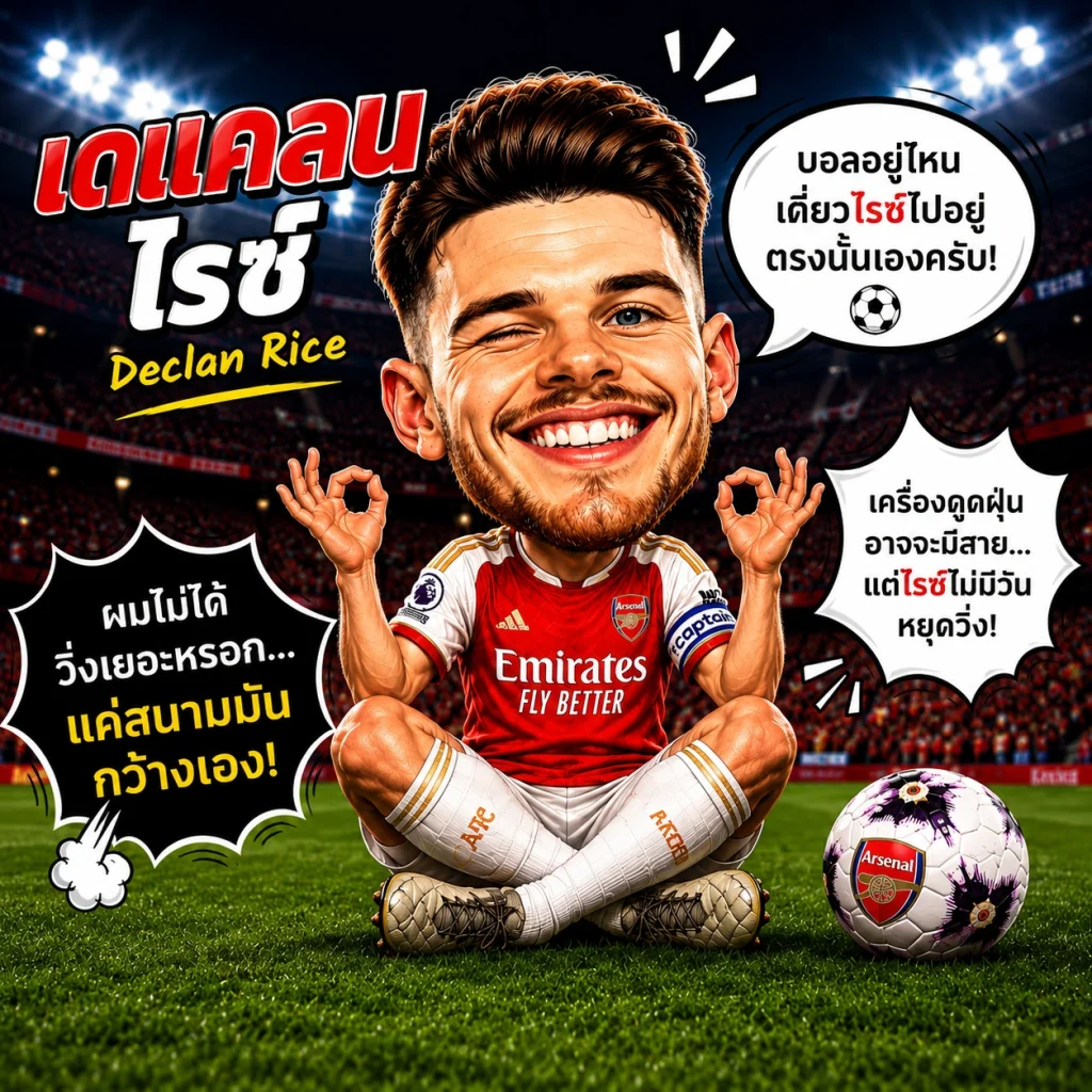 เดแคลน ไรซ์ เวอร์ชันการ์ตูนชิบิ ใบหน้าเหมือนจริง พร้อมมุกตลกเกี่ยวกับสไตล์การเล่น