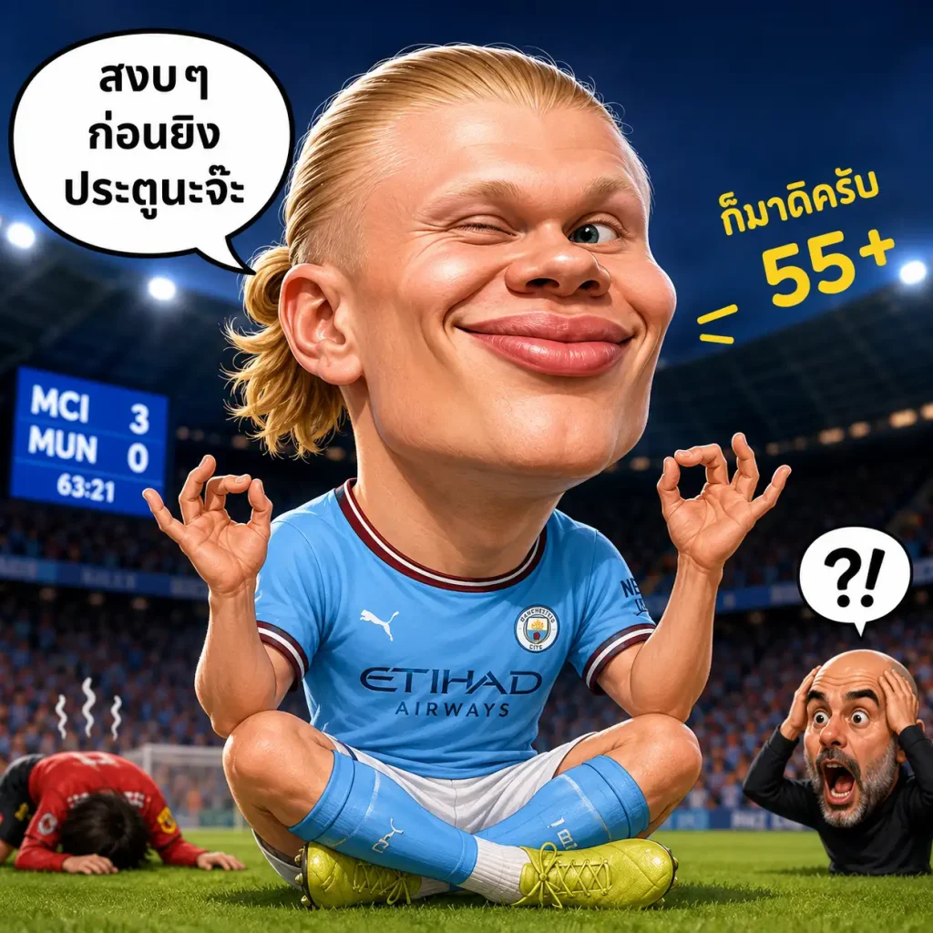 ภาพการ์ตูนหัวโตของ เออร์ลิง ฮาลันด์ กองหน้าแมนเชสเตอร์ ซิตี้ พร้อมท่าฉลองสุดกวน