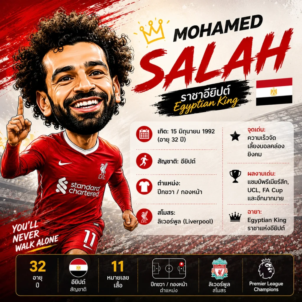 ประวัติ โมฮัมเหม็ด ซาลาห์ (Mohamed Salah) กองหน้าลิเวอร์พูล พร้อมข้อมูลวันเกิด ตำแหน่ง จุดเด่นการเล่น ผลงาน และเกียรติประวัติ