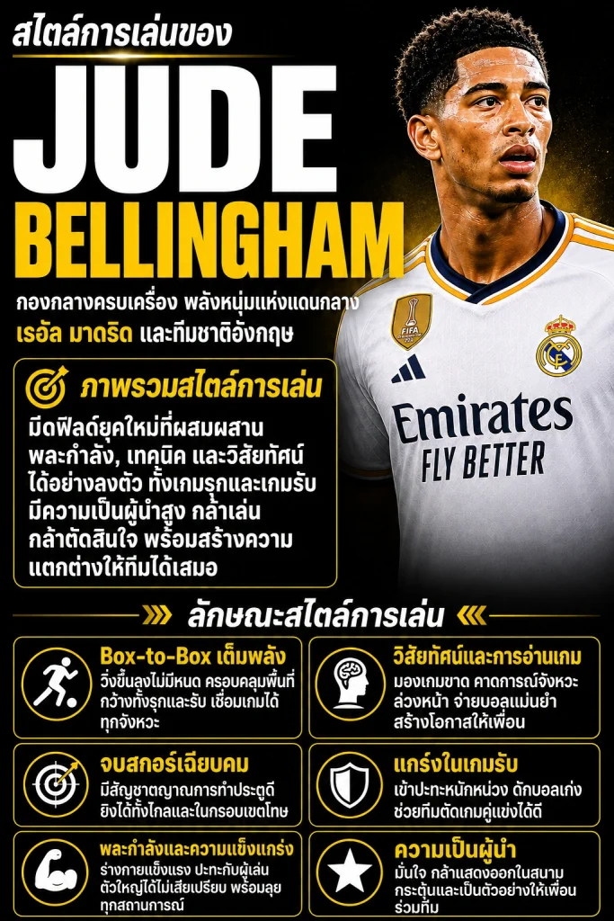 สไตล์การเล่นของ จู๊ด เบลลิงแฮม กองกลางเรอัล มาดริด แบบอินโฟกราฟิก