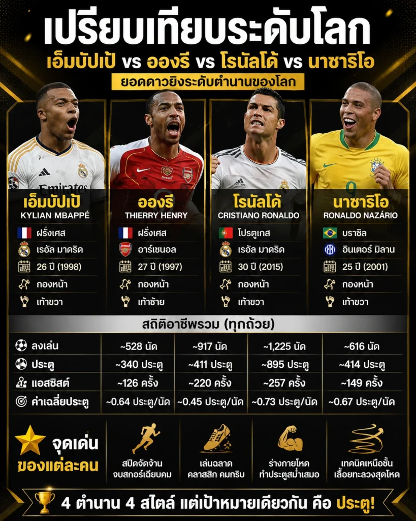 เปรียบเทียบสไตล์การเล่นและจุดเด่นของคีลิยัน เอ็มบัปเป้ เธียร์รี่ อองรี คริสเตียโน่ โรนัลโด้ และโรนัลโด้ นาซาริโอ
